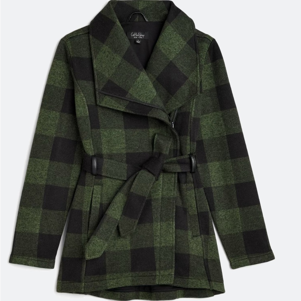 Stylish Black and Green Plaid Trench Coat